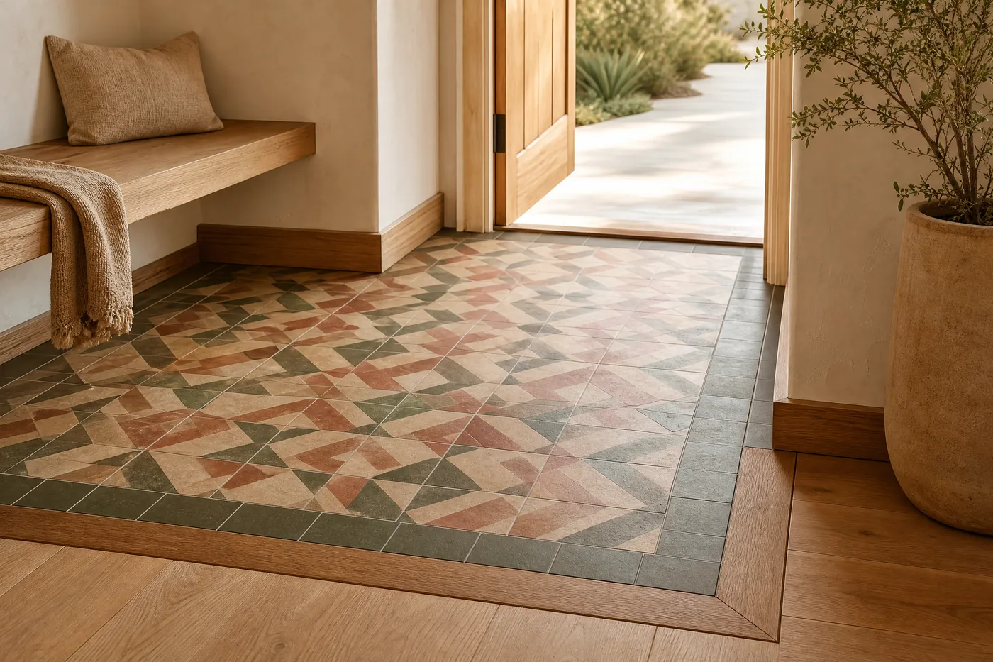 Terracotta patterned tile floor meeting an oak entry threshold