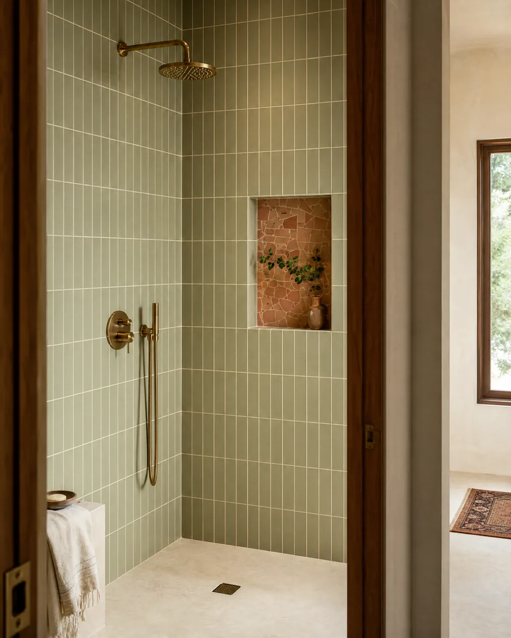 Tall shower walls finished in softly varied sage-green ceramic tile